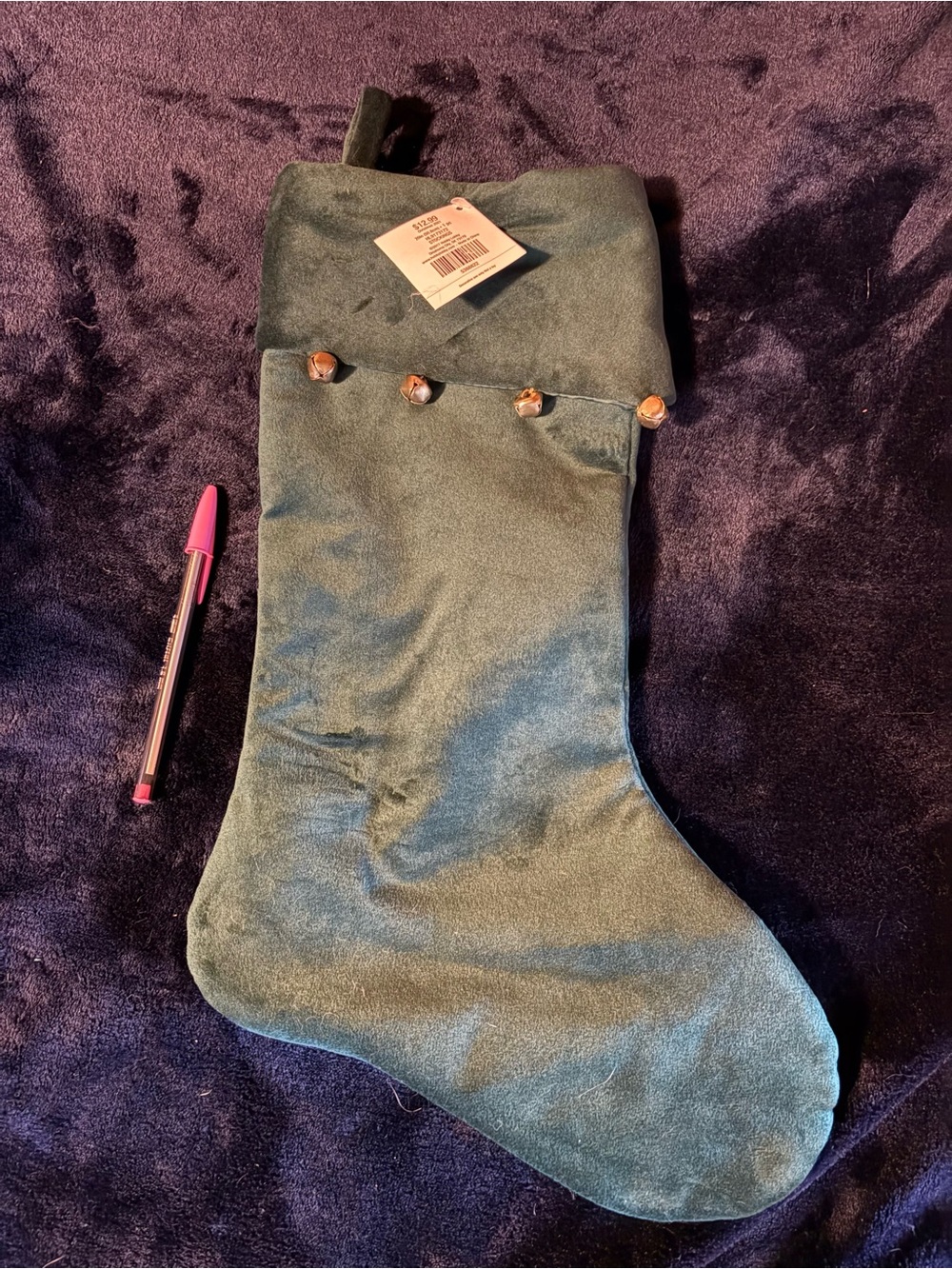 Hobby Lobby Velvet Holiday Stocking in Dark Green with Jingle Bells